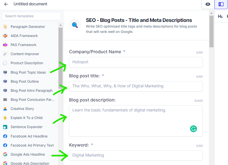 SEO – Post del blog – Modello di titolo e meta descrizioni di Jasper