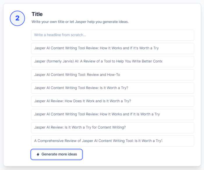 Idee per i titoli dei post del blog generate dallo strumento di scrittura di contenuti AI Jasper