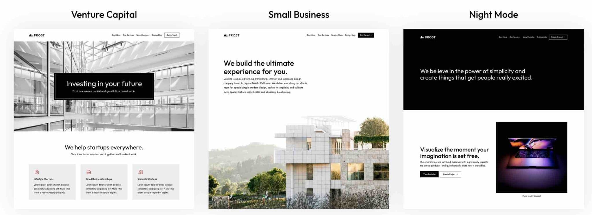 Przykładowe witryny Frost: Venture Capital, Small Business i Night Mode.