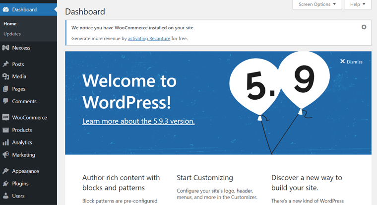 Dashboard di WordPress su Nexcess