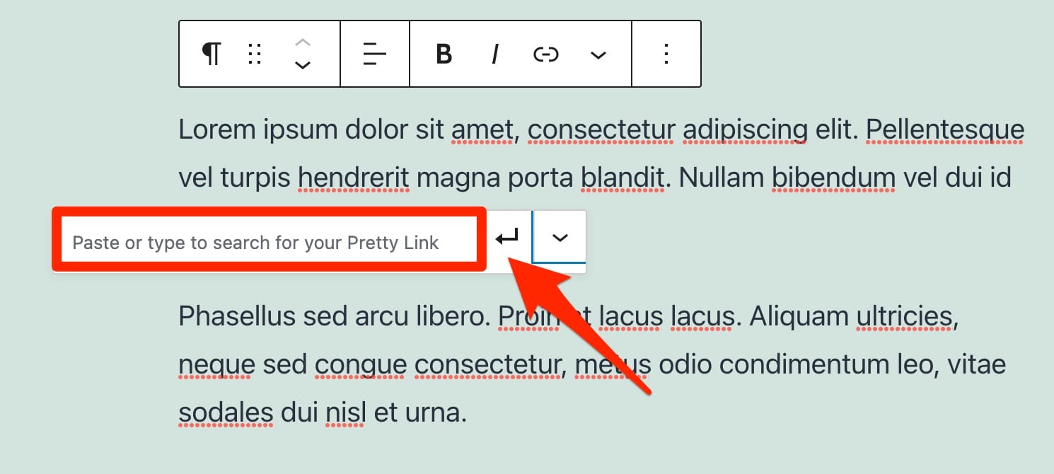 Come inserire un Pretty Link tramite l'editor di contenuti Gutenberg.