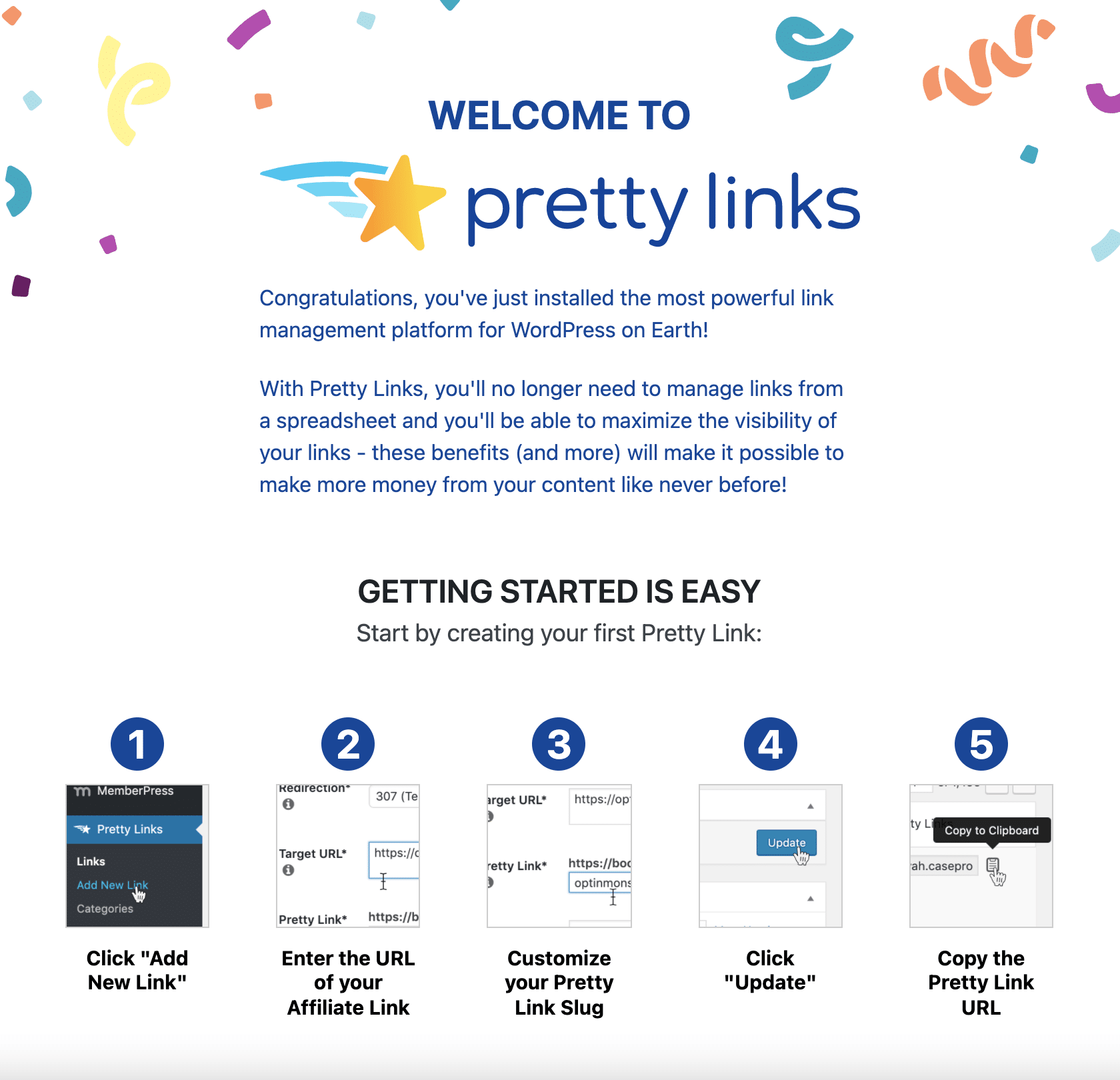 Pagina di benvenuto di Pretty Links.