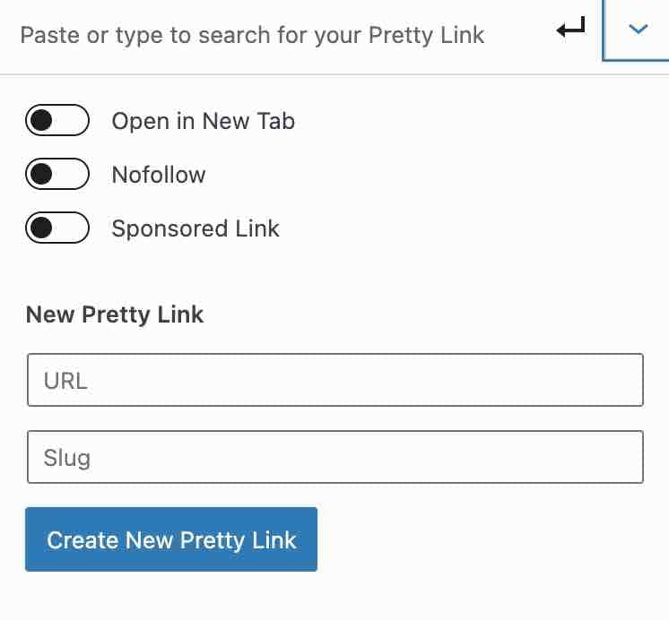 Come aggiungere un nuovo Pretty Link tramite Gutenberg.