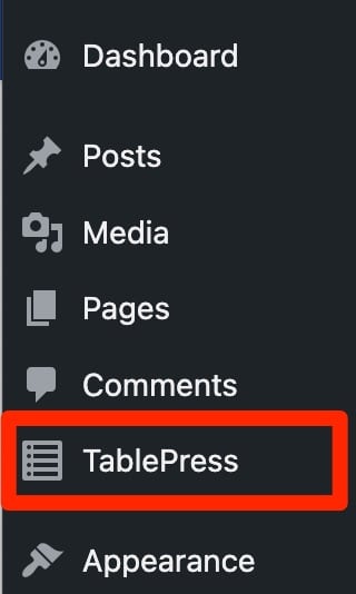 Menu TablePress nell'amministratore di WordPress.