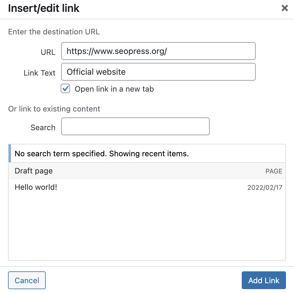 Inserisci link in TablePress.