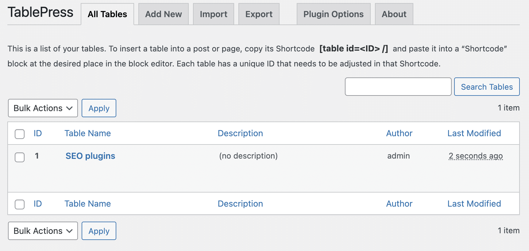 Tutte le tabelle in TablePress.