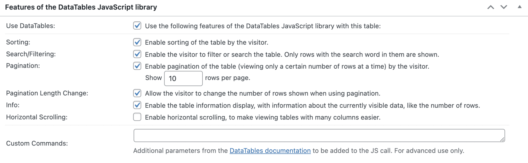 Funzionalità della libreria JavaScript DataTables in TablePress.