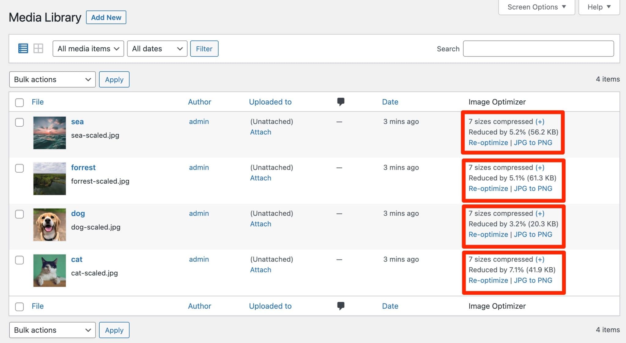 Panoramica dell'ottimizzazione delle immagini nel plug-in EWWW Image Optimizer.