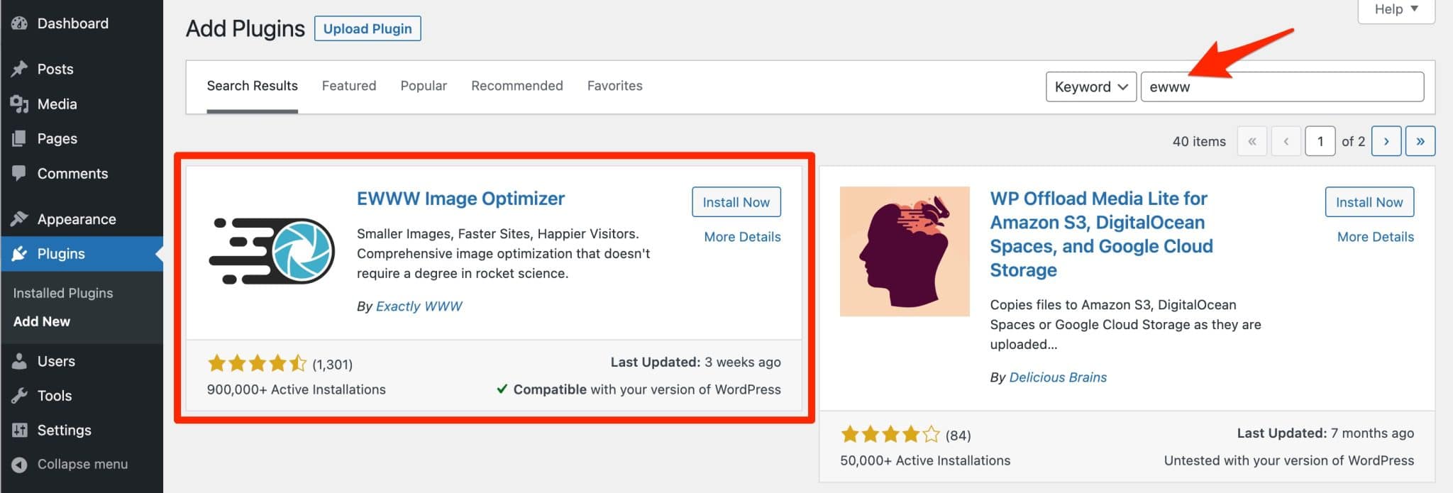 Pagina di download del plug-in EWWW Image Optimizer in WordPress.