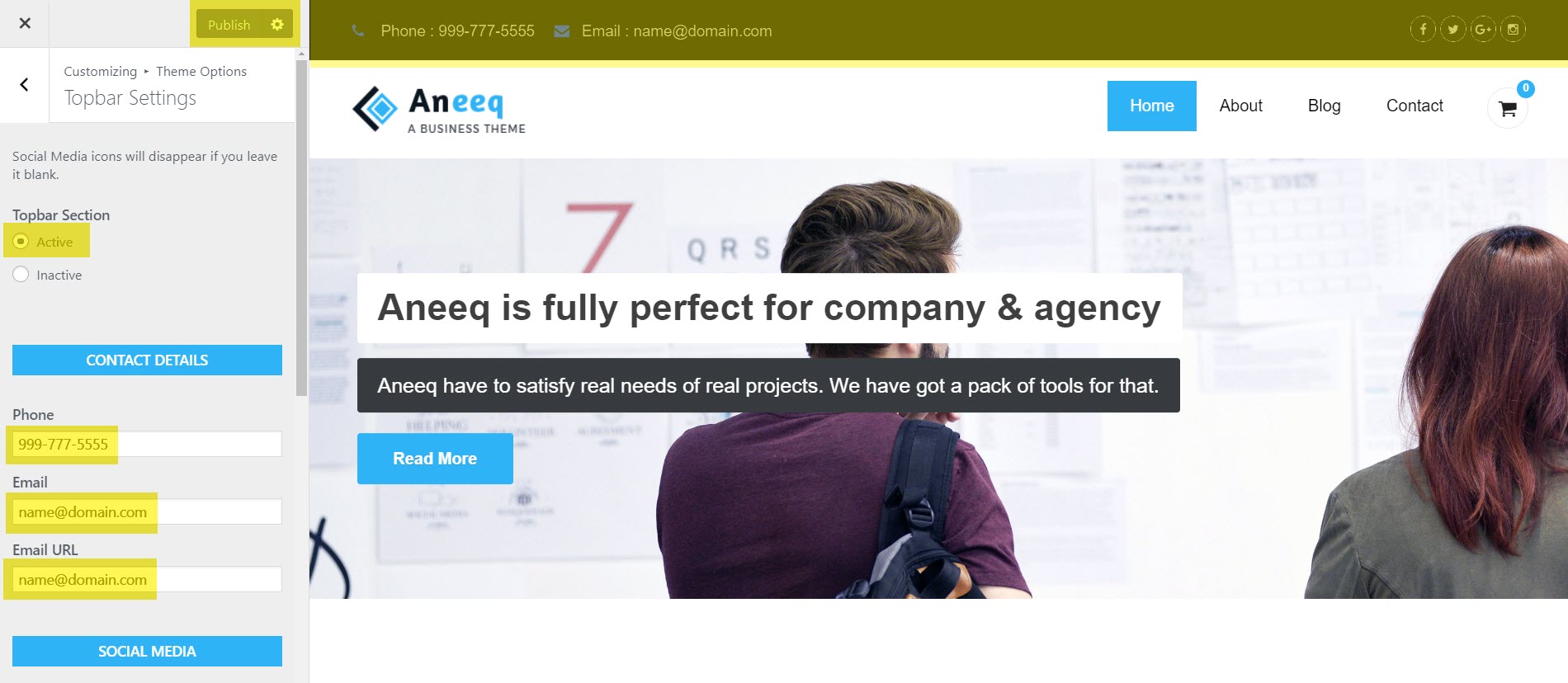 aneeq-wordpress-theme-homepage-topbar-set-up