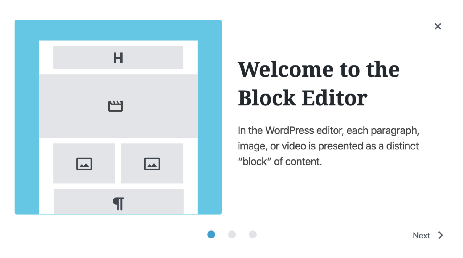 Une fenêtre contextuelle de guide de bienvenue pour l'éditeur Gutenberg dans WordPress 5.4