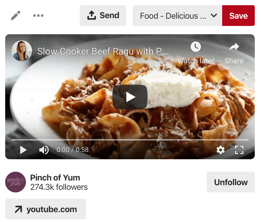 Une pincée de vidéo Yum Slow Cooker Beef Ragu de YouTube, affichée sur Pinterest