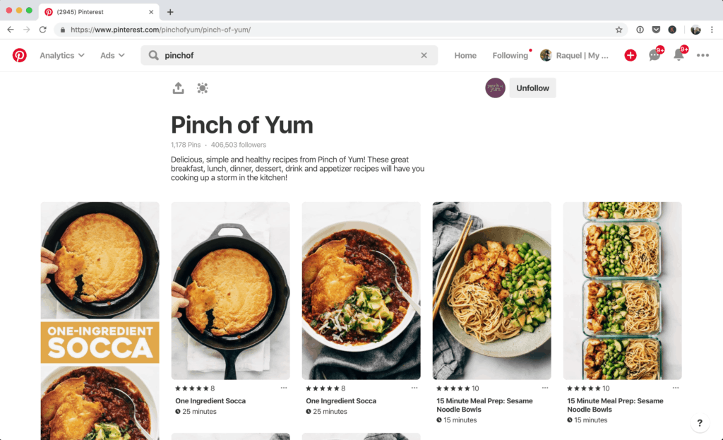 Le tableau principal du compte Pinterest Pinch of Yum qui présente toutes les recettes trouvées sur Pinch of Yum