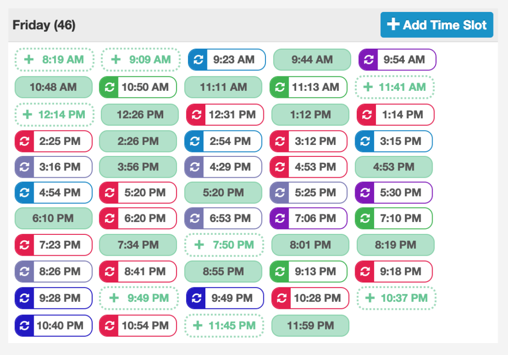 Planificateur d'épingles de Tailwind, avec 46 plages horaires programmées un vendredi donné