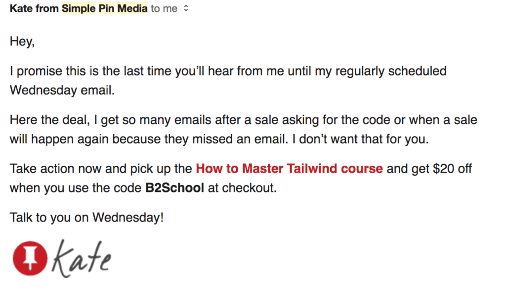 Captură de ecran a unui e-mail de la Kate Ahl de la Simple Pin Media care conține un link de afiliat