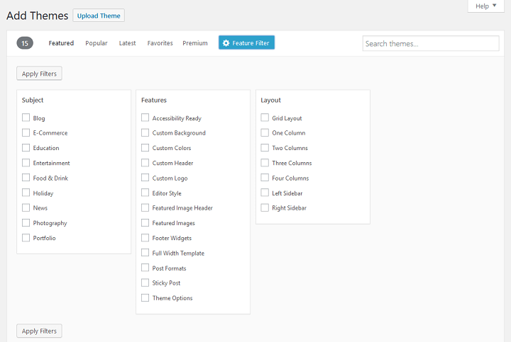 filtre de fonctionnalité de thème