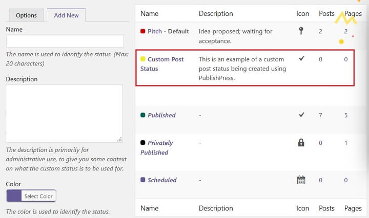 statut de publication personnalisé nouvellement ajouté