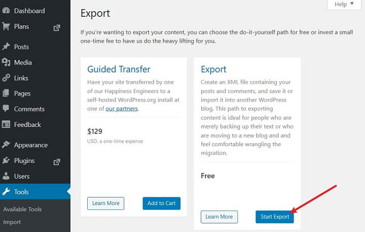 Starten Sie den Export in wordpress.com