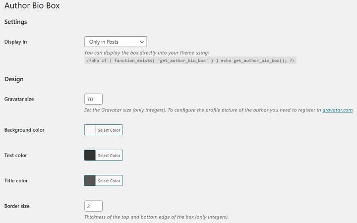 página de configuración del cuadro de biografía del autor