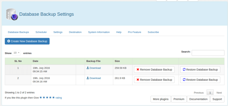 Dashboard di backup del database WP