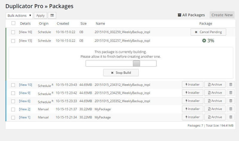 Duplicator Dashboard