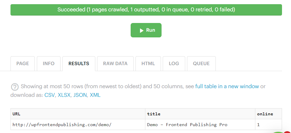 Resultados de rastreo de Apify