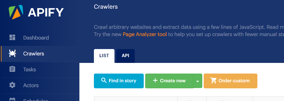 Crear nuevo rastreador de Apify