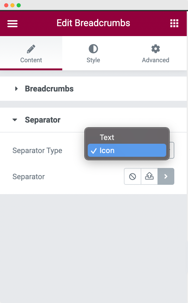 Separator Section of Breadcrumbs Widget