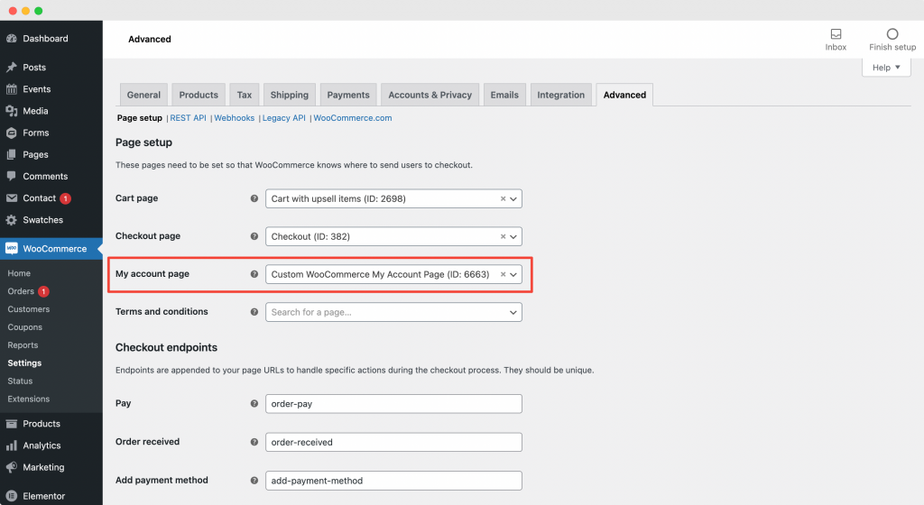 ตั้งค่า "หน้าบัญชีของฉันเอง WooCommerce" ที่สร้างขึ้นใหม่เป็นหน้าบัญชี WooCommerce เริ่มต้นของฉัน