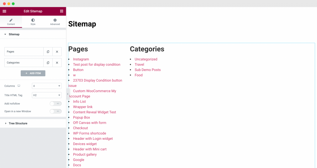 Halaman Elementor yang berisi Widget Peta Situs PowerPack