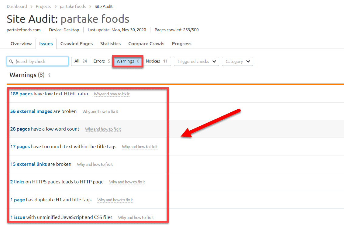 Avertismente de audit al site-ului Partake Foods