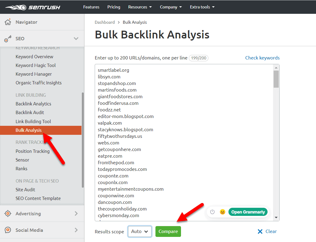 Analiză în bloc SEMrush backlink