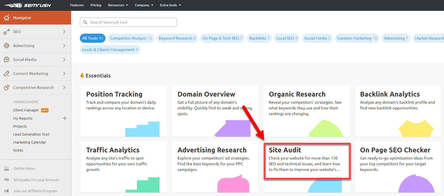 Opțiunea de auditare a site-ului SEMrush pe tabloul de bord