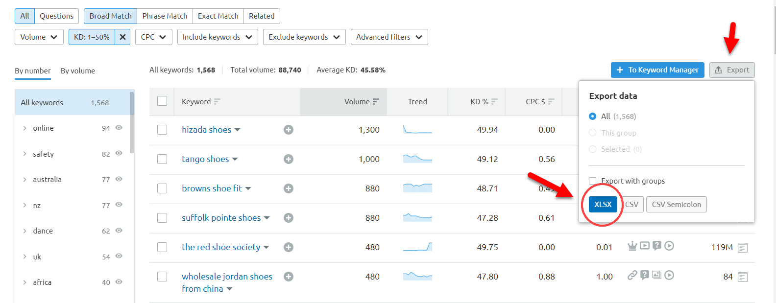 Opțiunea de export cuvinte cheie