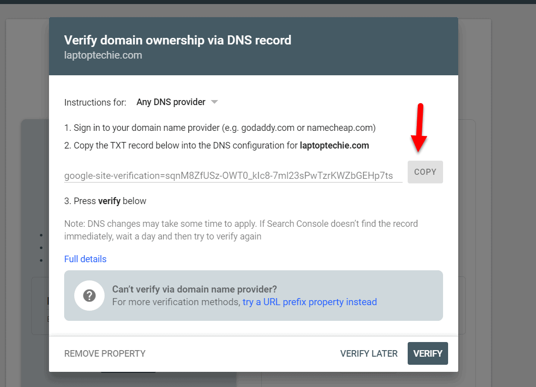 Înregistrare text din Google Search Console