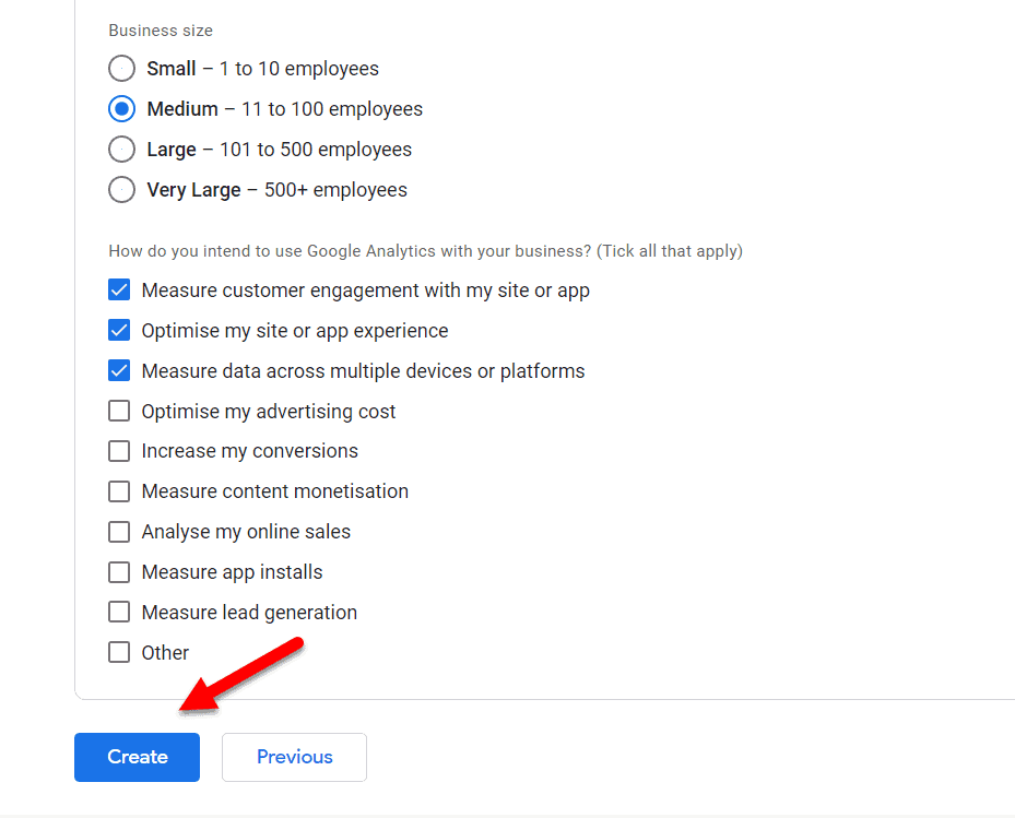 Butonul de creare a fluxului Google Analytics