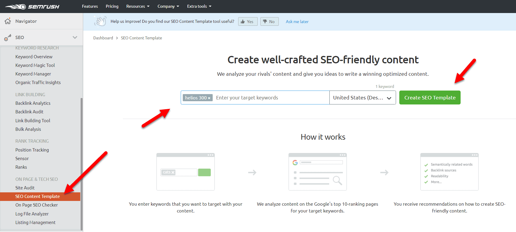 Șablon de conținut SEO SEMrush