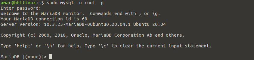 MariaDB veritabanı kabuğunda oturum açma