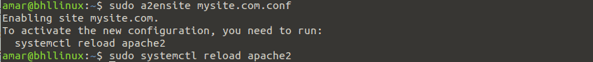 mysite.com.conf'u etkinleştirme ve apache2'yi yeniden yükleme