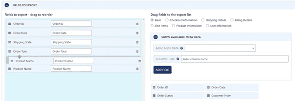 WooCommerce Order Export Pro campi da esportare