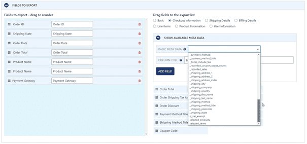 WooCommerce Order Export Pro metadati