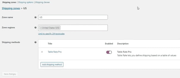 Zona pengiriman plugin Pengiriman Tarif Tabel WooCommerce