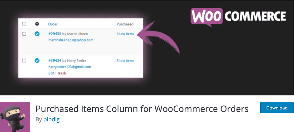 عمود العناصر المشتراة لطلبات WooCommerce