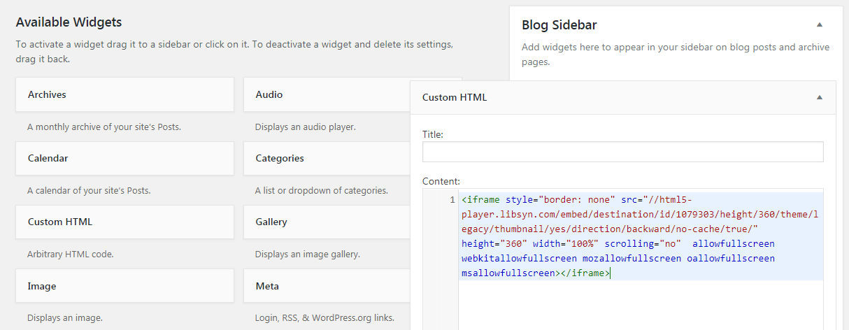 Menambahkan kode embed Libsyn ke WordPress.