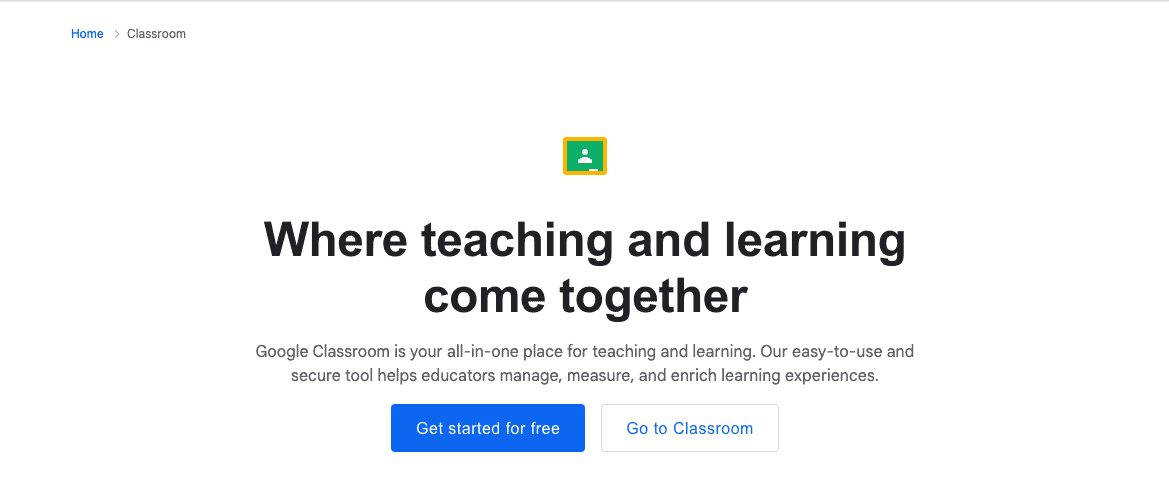 Página de inicio de Google Classroom