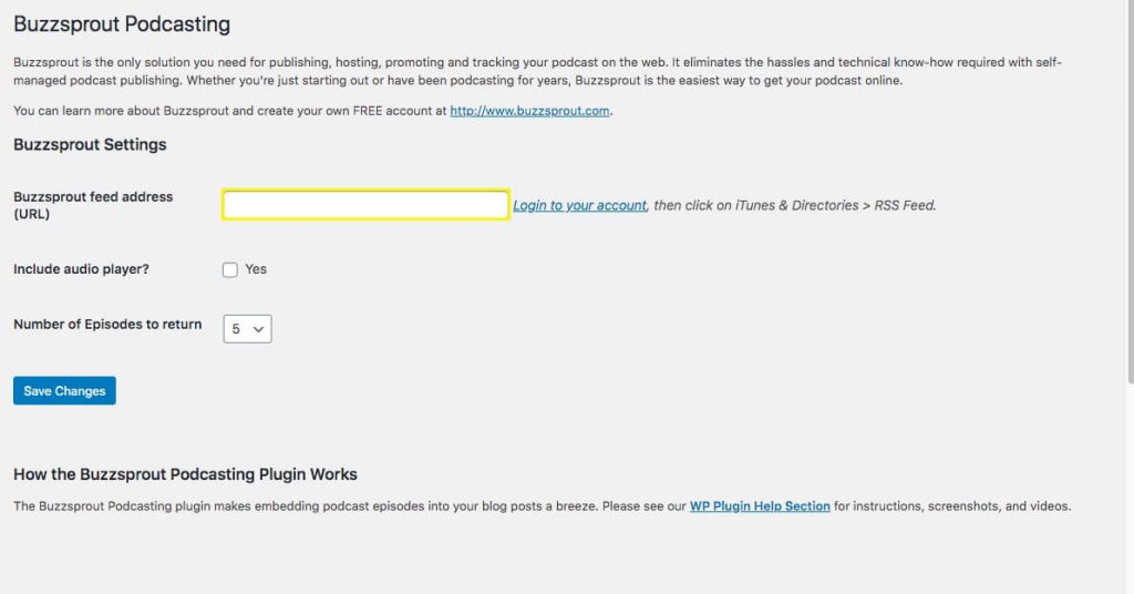 Pengaturan plugin Buzzsprout.