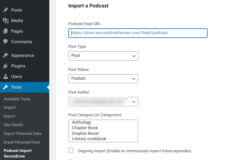 Ecranul „Importați un podcast” din pluginul WordPress Podcast Importer.