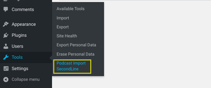 Instrumentul plugin Podcast Import din WordPress.