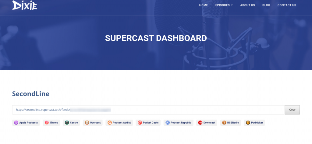 Tabloul de bord Supercast pe un site web de podcast demonstrativ.