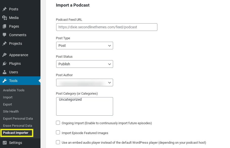 Ecranul „import podcast” din WordPress utilizând pluginul SecondLineTheme Podcast Importer.